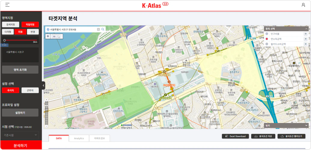 K-Atlas 타겟지역 분석 지도 화면