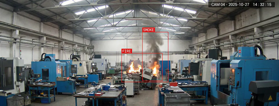 Facility monitoring screen where AI detects fire and smoke inside a factory