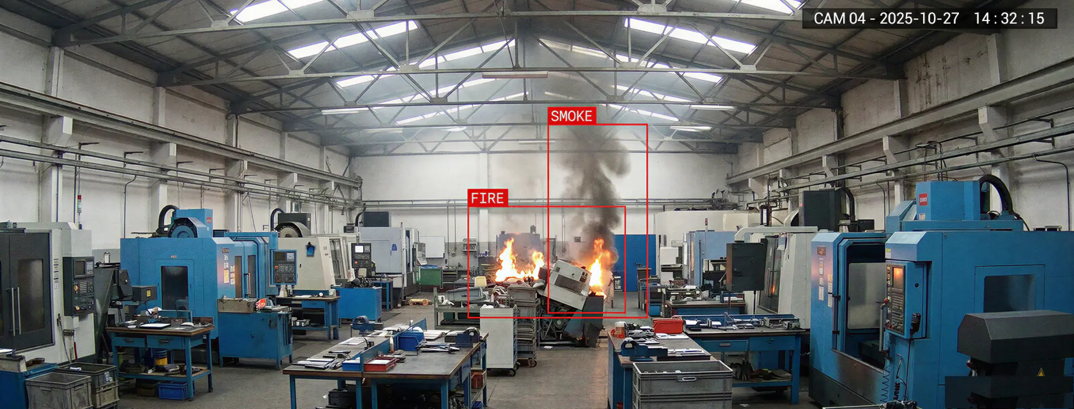 Facility monitoring screen where AI detects fire and smoke inside a factory
