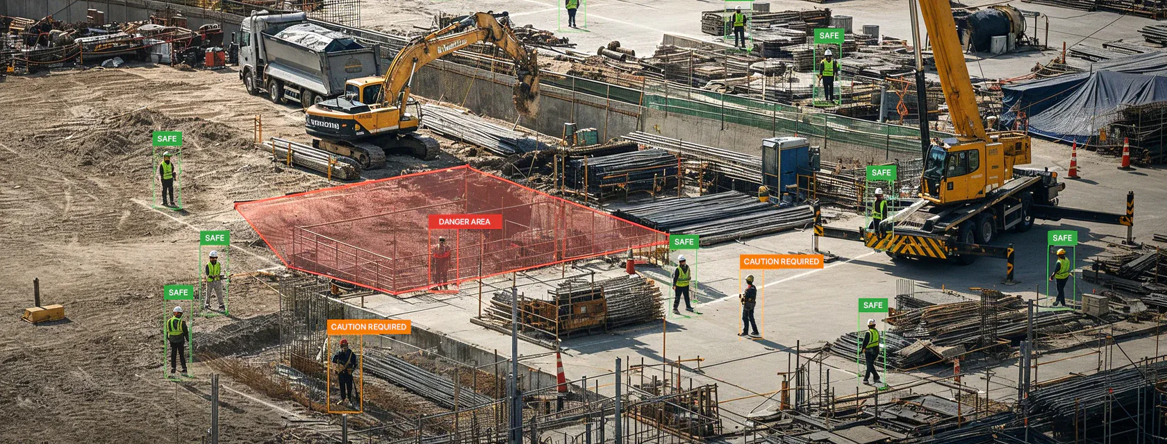 Construction site where AI detects worker and equipment hazards