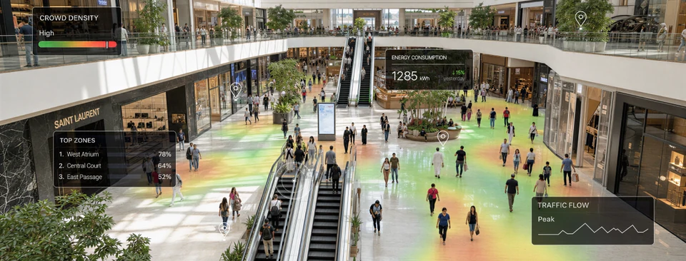Screen analyzing crowd density and movement paths in a commercial facility