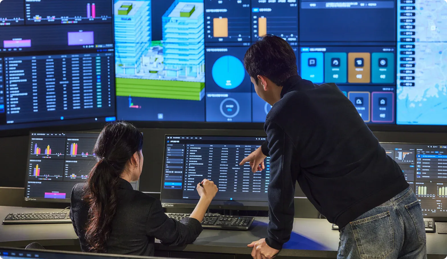 HDC LABS employees reviewing quality system screens in a control room